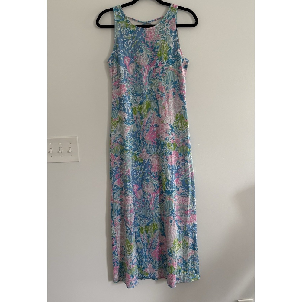 Lilly Pulitzer Marcella Maxi Dress Stretchy Pink Blue Lace Up Back Size XS